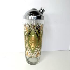 Vintage MCM Pasinski Signed Gold Encrusted Glass Cocktail Shaker Silver Lid
